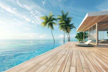 Patio Floor. Modern Luxury Beach House with Swimming Pool and Terrace Design