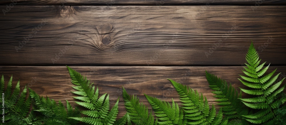 Aufkleber Natural background with fern leaves on a rustic table, featuring copy space image.