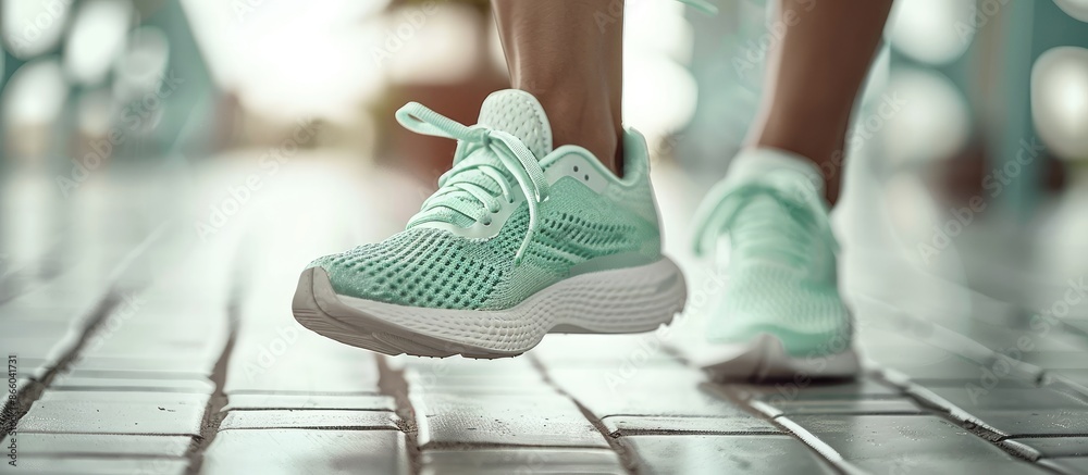 Poster Close up image of stylish mint-colored running shoes, encouraging a daily running routine for a healthier lifestyle with copy space image.