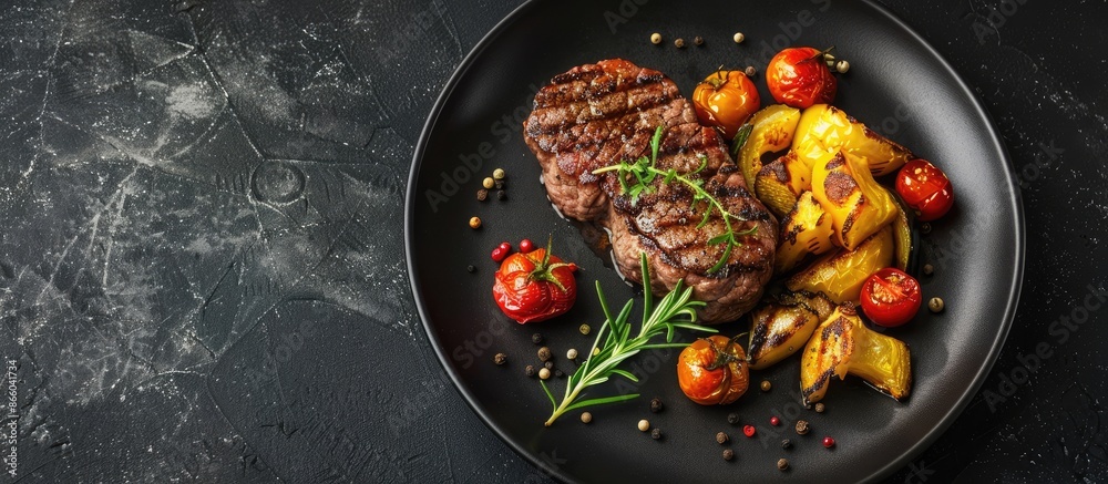 Leinwandbilder beef steak with vegetables displayed on a black plate against a dark backdrop, creating a striking c