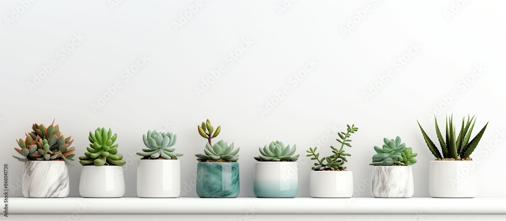 Poster elegant marbled succulent planters displayed with tiny plants on a white shelf against a white wall,