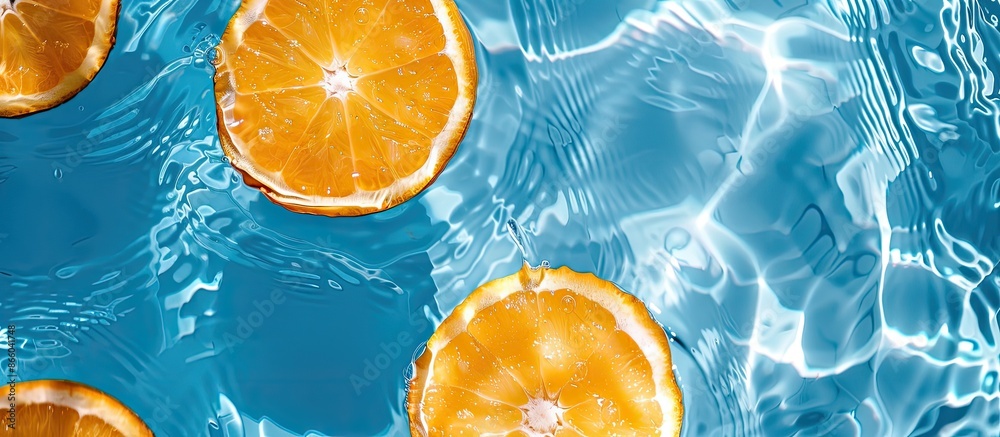 Aufkleber Summer-themed background featuring orange fruit slices floating in a pool, perfect as a wallpaper with space for text or images. with copy space image. Place for adding text or design