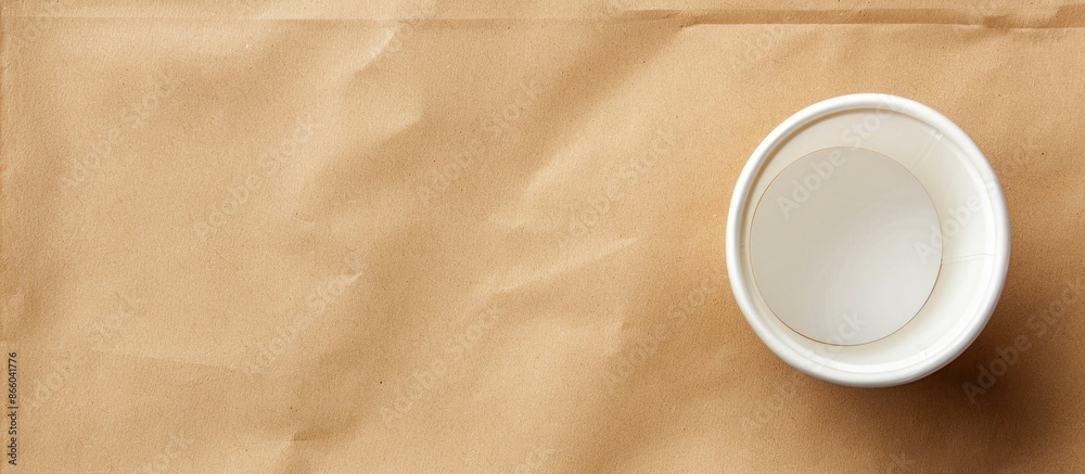 Poster top view closeup photo of an empty white coffee cup on a brown paper with copy space image.