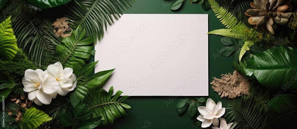 Aufkleber creative flat lay with a paper card mockup surrounded by green leaves and flowers, representing a na