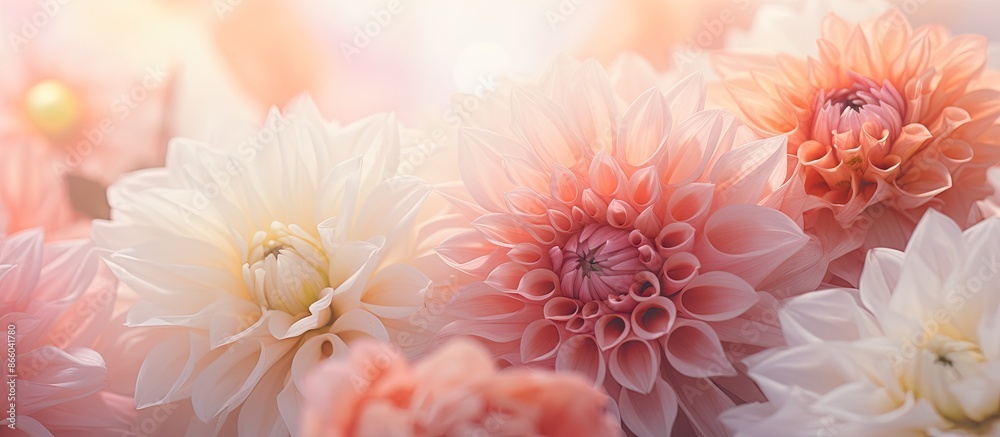 Poster soft pastel card with delicate roses and dahlias framing, creating a festive blooming background wit