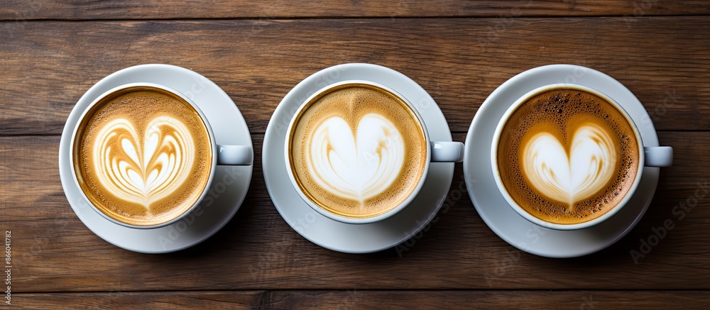 Poster top view image of a hot latte with latte art in a white cup on a wooden table, featuring copy space 