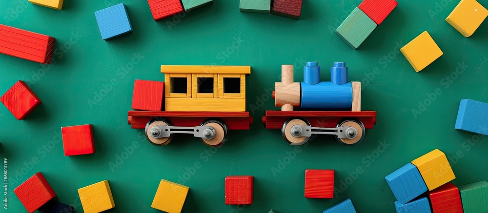 Poster wooden toy train surrounded by bright blocks on a vibrant green backdrop with copy space image.