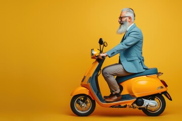 Fototapeta premium Scooter Fun. Mature Bearded Businessman Riding Eco Scooter in Blue Blazer on Yellow Background