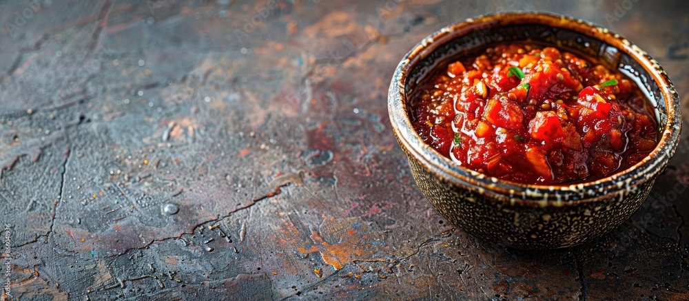 Aufkleber A ceramic bowl of traditional Georgian adjika sauce on a rustic background with empty space for other elements in the image. with copy space image. Place for adding text or design