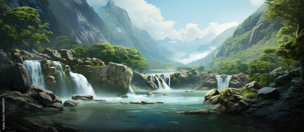 Poster mountain scenery with a tranquil small waterfall, providing a serene backdrop for a copy space image