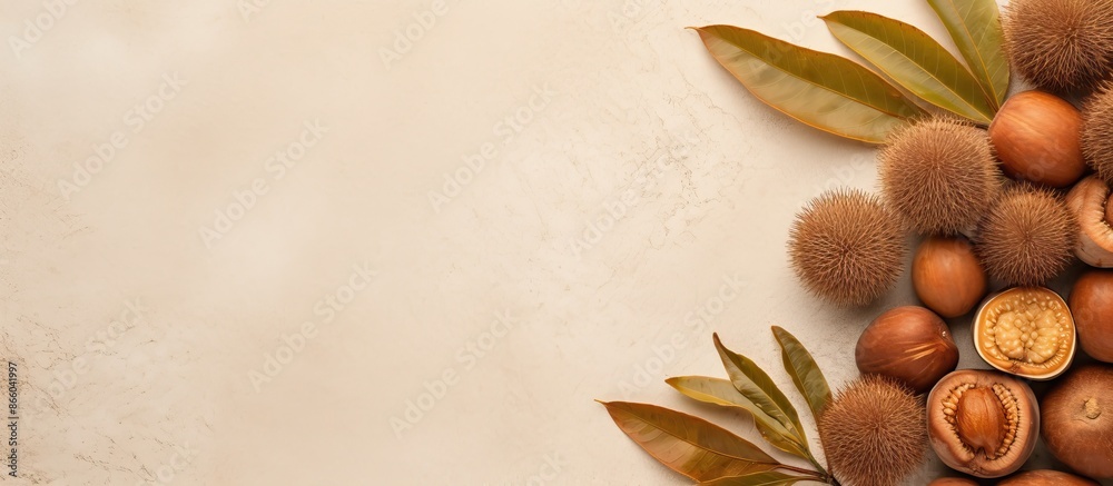 Fototapete Top-down view of fresh salak fruits on a beige backdrop with space for text, set up to capture an image. with copy space image. Place for adding text or design