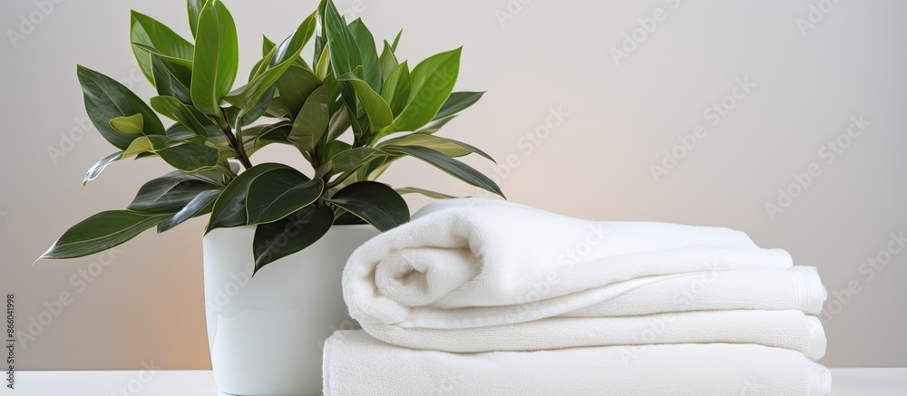 Poster a white table with clean white towels, a houseplant, and space for additional design or text in the 