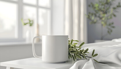 Ceramic mug on white bedside table indoors. Mockup for design