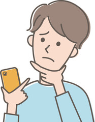 スマートフォンを操作して困り顔の男性