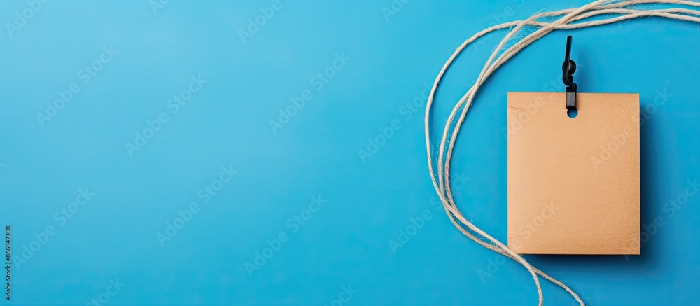 Poster String-tied brown paper tag with copy space image on blue backdrop.