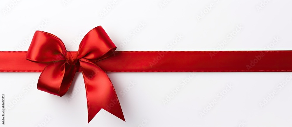 Poster top-down view of a red satin ribbon on a white background for a copy space image.