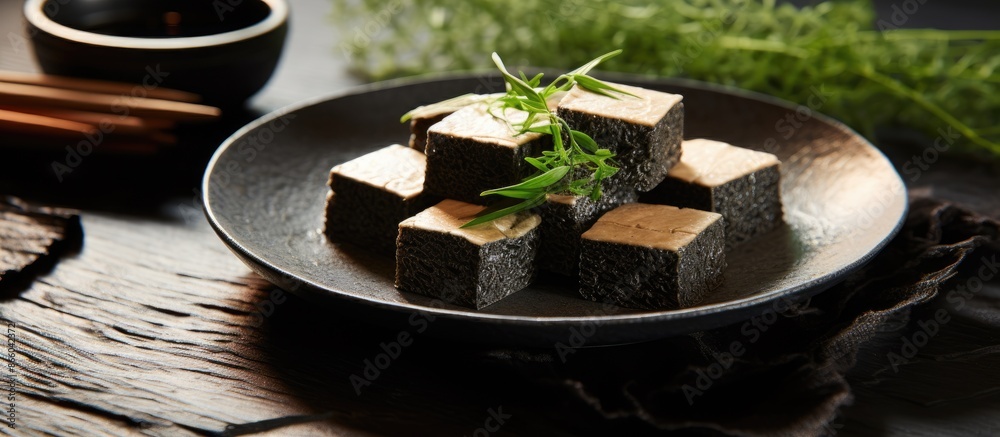 Aufkleber black sesame tofu displayed on glass plates with copy space image available.