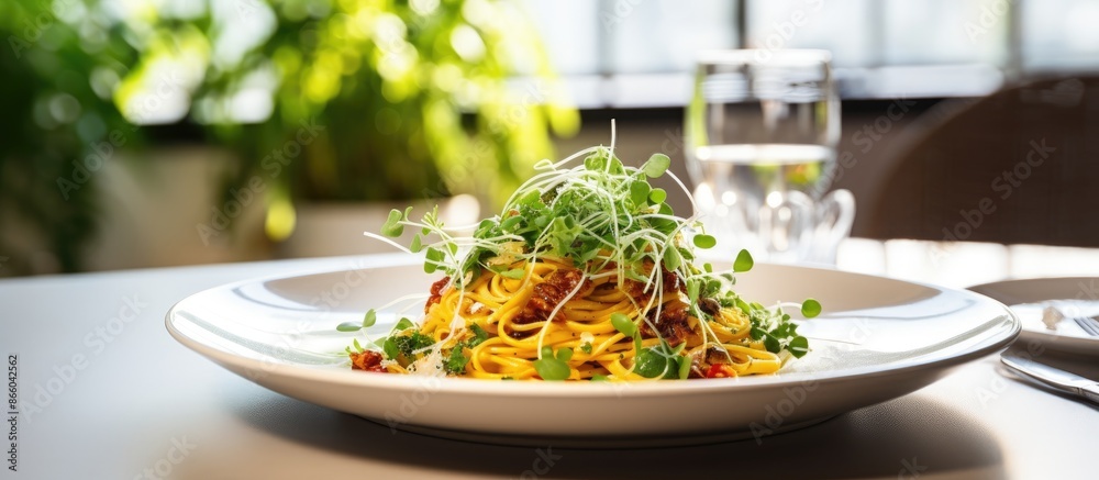 Aufkleber close-up of italian pasta with microgreens on a white plate with a copy space image in a restaurant 