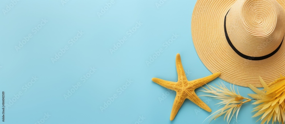 Poster minimal background concept for summer holiday with a flat lay of a straw hat and starfish on a yello