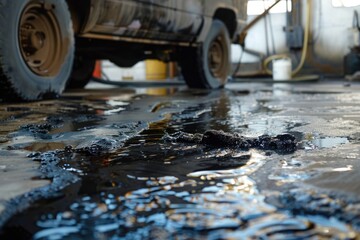 Dangerous Chemical Spill: Black Fluid Leaking on Concrete Floor. Hazardous Material Flow