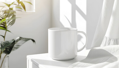 Ceramic mug on white bedside table indoors. Mockup for design
