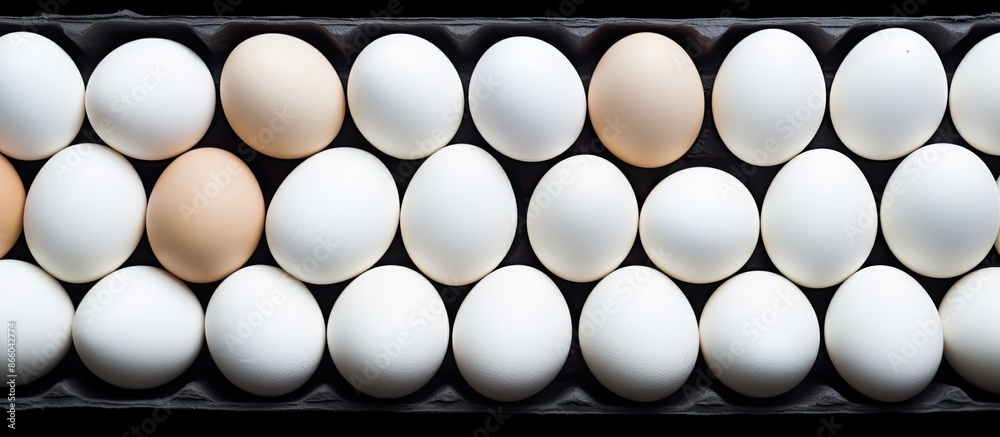 Fototapete top view of white chicken eggs displayed in black cardboard boxes on a white background with ample c