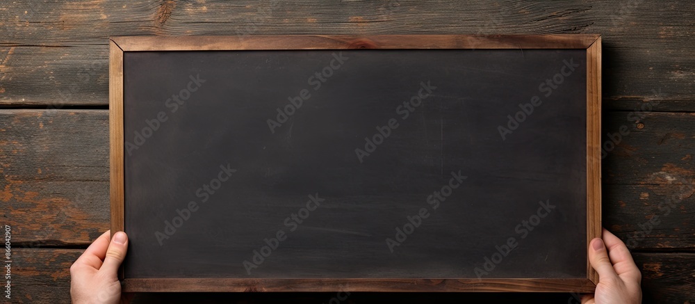 Poster detailed close-up of hands holding a chalkboard with copy space image.