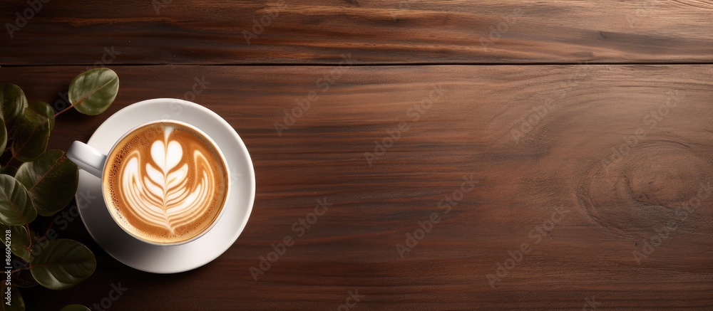 Poster Latte art displayed on a wooden surface with a visible empty area for additional elements or text; a copy space image.