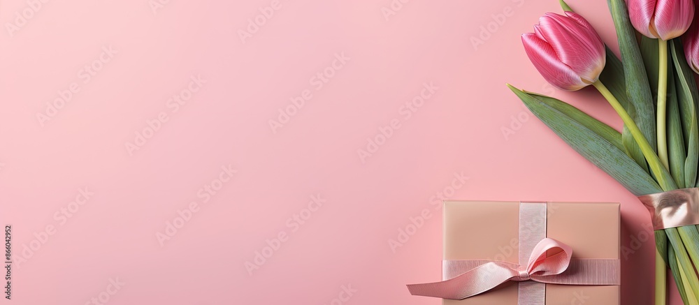 Aufkleber banner with a group of pink tulips on a matching pink backdrop, featuring a card displaying 'happy b