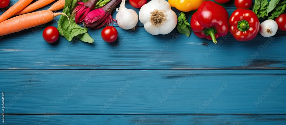 Poster fresh vegetables like tomatoes, radishes, sweet peppers, and spring onions arranged on a blue wooden