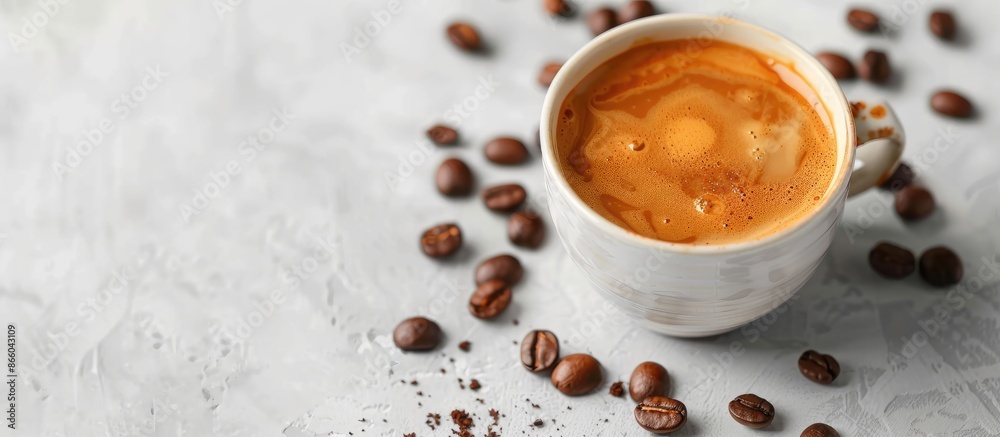 Poster close up of a cup with espresso cream, showing a beautiful texture, placed on a white table with an 