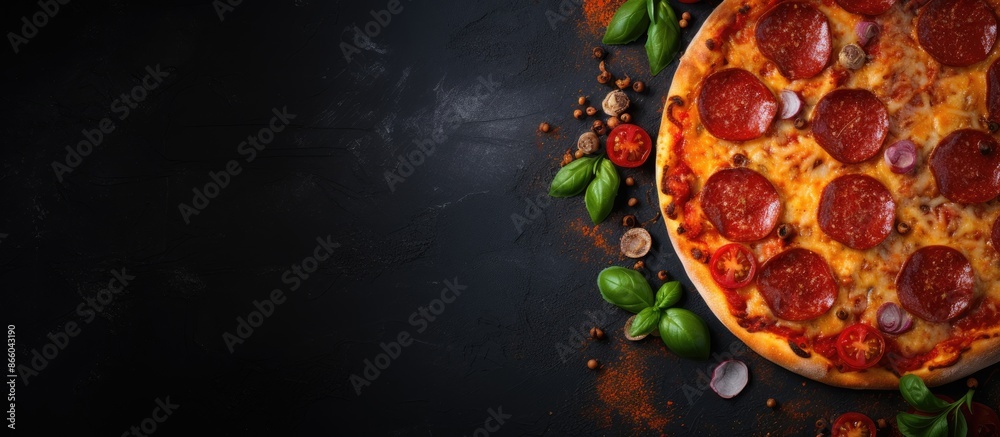 Aufkleber top view of a delicious pepperoni pizza with fresh ingredients on a dark concrete surface, perfectly