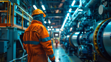 A factory worker in full protective gear and helmet inspecting machinery in a brightly lit industrial setting.