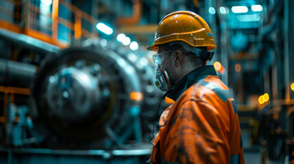 Factory worker in safety gear and helmet, observing machinery inside a well-lit industrial factory environment.