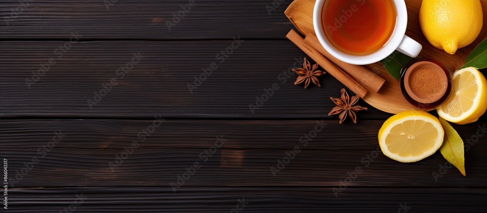 Aufkleber top view of a ginger tea cup with lemon and honey set on a dark brown wooden surface, with ample cop
