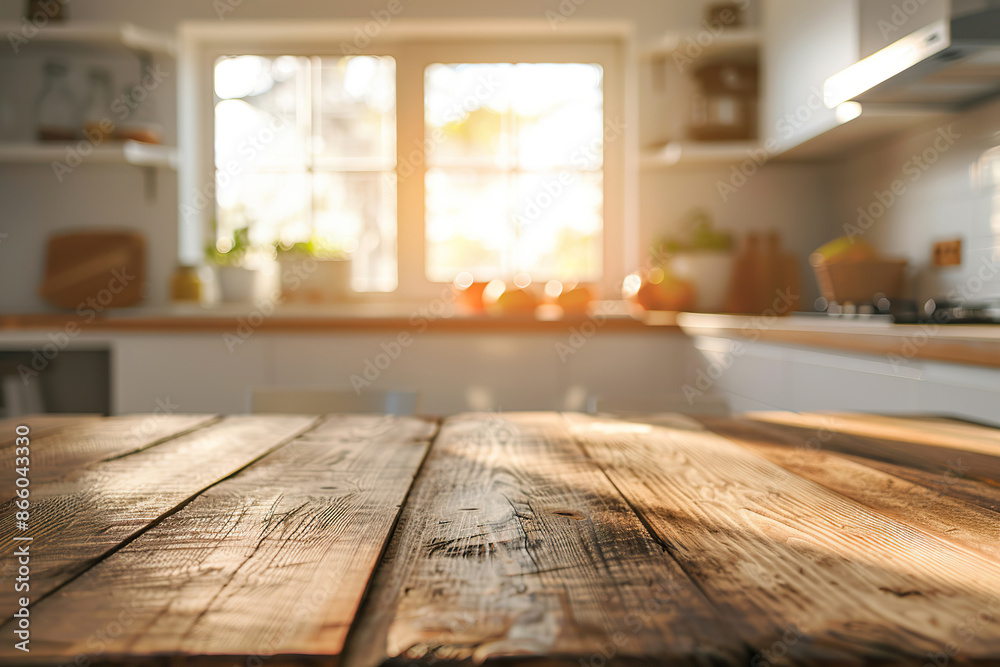 Sticker a kitchen with a wooden table and a window, generative ai image.