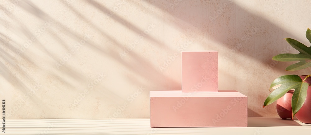 Aufkleber sunlight illuminates a concrete cube podium with shadow on a pink background, creating a minimalisti