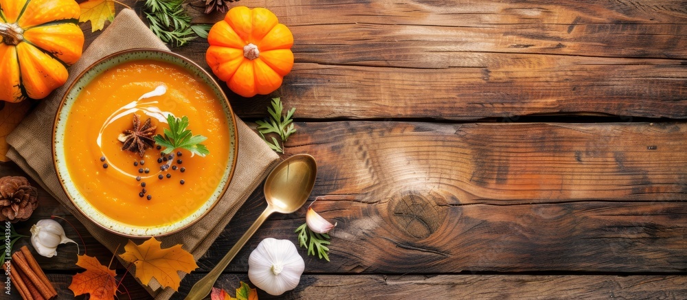 Aufkleber Autumn-themed table setting with pumpkin carrot soup and ingredients, ideal for food and nutrition concepts. Cozy backdrop with copy space image, top view.