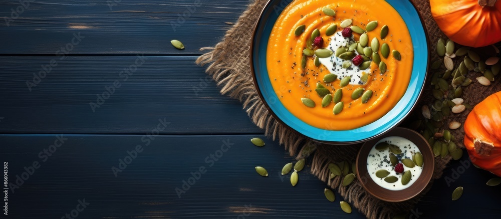 Poster a top view of pumpkin soup puree served in a blue plate on a wooden table. decorated with slices of 