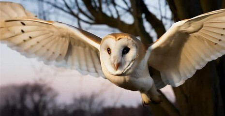 Close-up of flying barn owl, focused gaze, against trees - Powered by Adobe