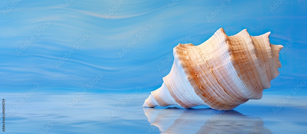Poster a conch shell on a blue surface, with ample copy space image.