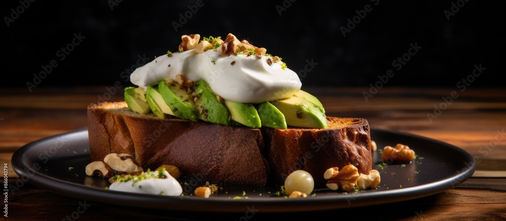Poster french loaf slices topped with avocado, poached egg, and walnuts on a black lava plate on a wooden t
