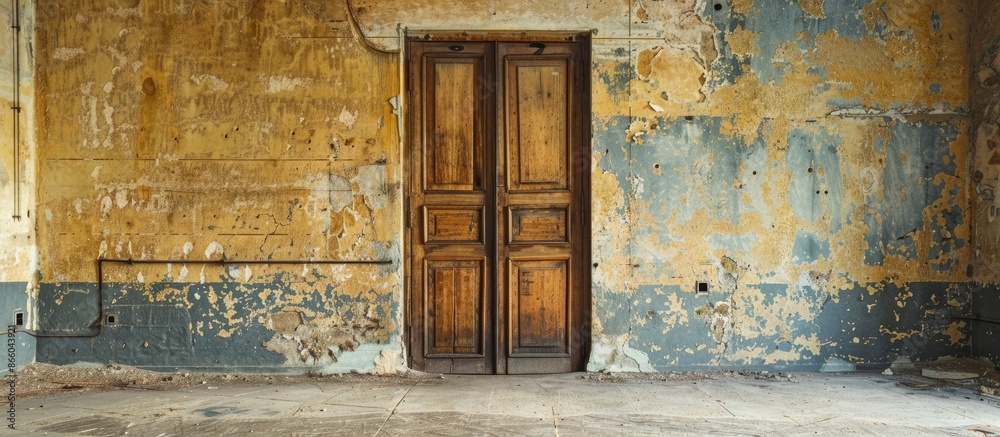 Poster old wooden door in an abandoned hospital. with copy space image. place for adding text or design