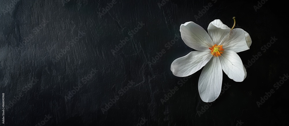 Poster Delicate flower on a black background. View above. Copy space image. Place for adding text or design