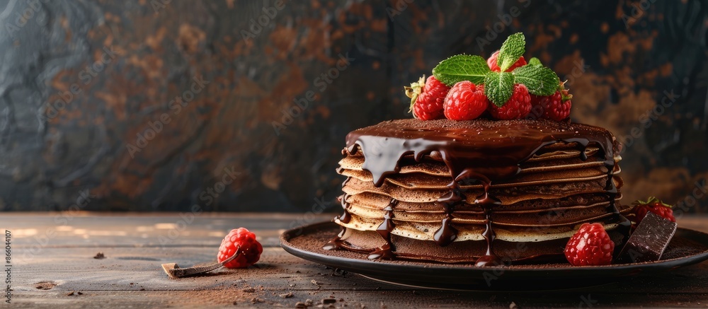 Poster Delicious chocolate crepe cake with a striking and appetizing appearance, perfect for special occasions, displayed in a tempting photo with copy space image.