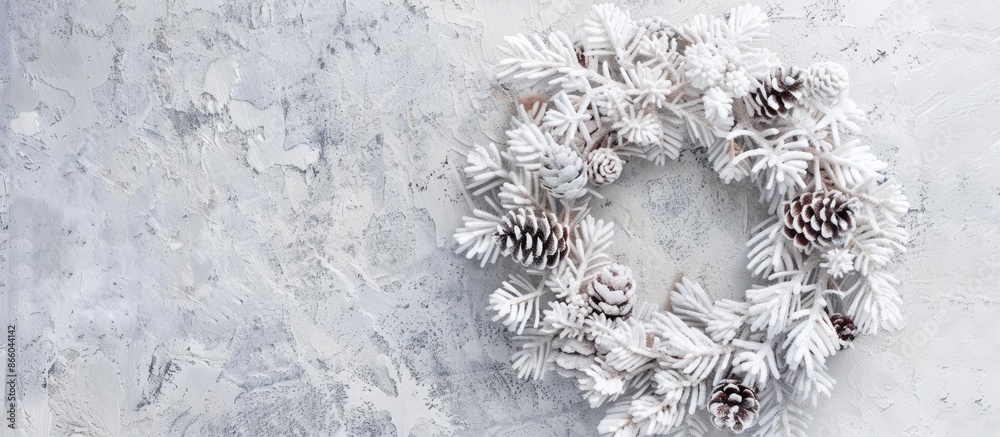 Poster A white Christmas wreath displayed on a wall with a background perfect for adding text or images, known as a copy space image.
