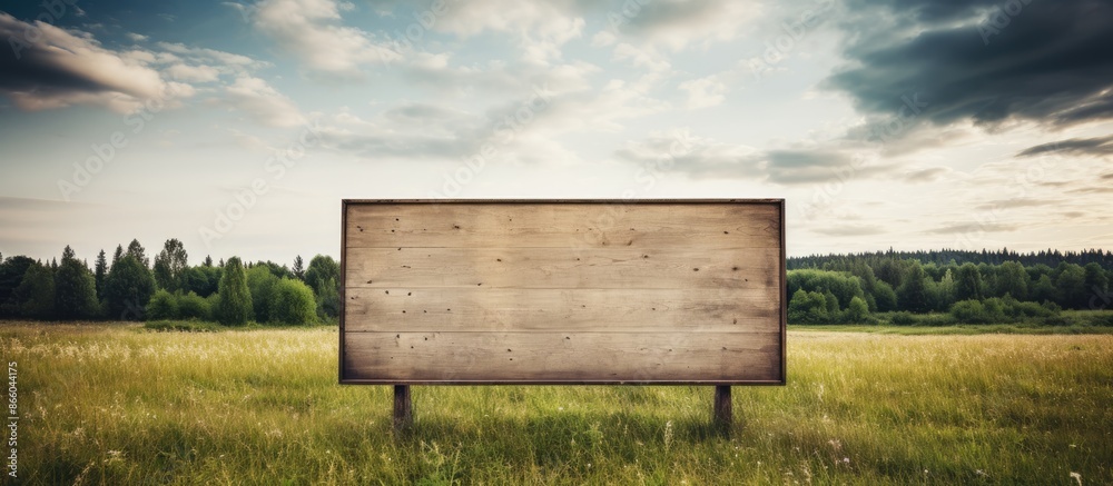 Poster Wooden signboard in a meadow with a cloudy sky and trees in the background, perfect for a copy space image.
