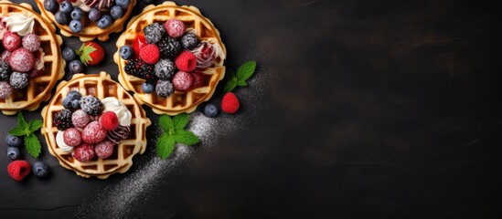 Menu concept featuring Belgian or Viennese waffles as a sweet dessert snack with a top view for background highlighting copy space image. © vxnaghiyev