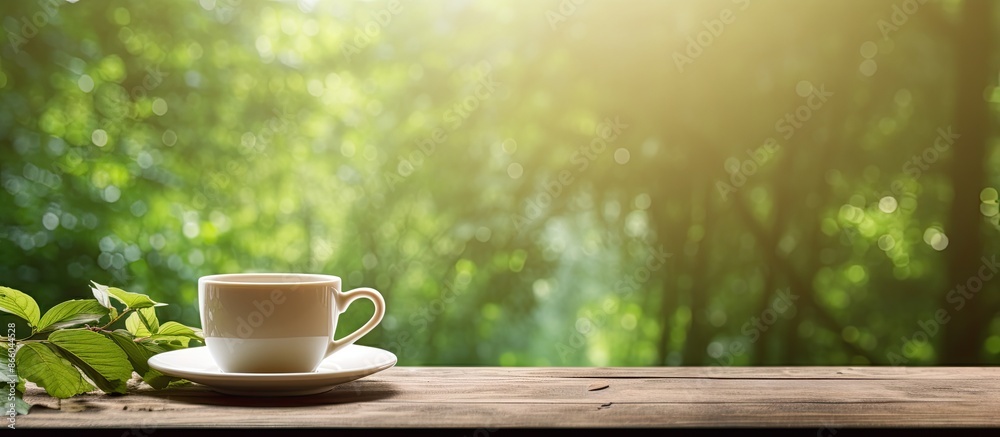 Poster selective focus on a cup of coffee placed on a wooden table in the sunlight, against a green nature 