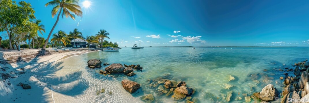 Miami Water. Sandspur Beach Panoramic View in Florida Keys with Sunny Day Landscape